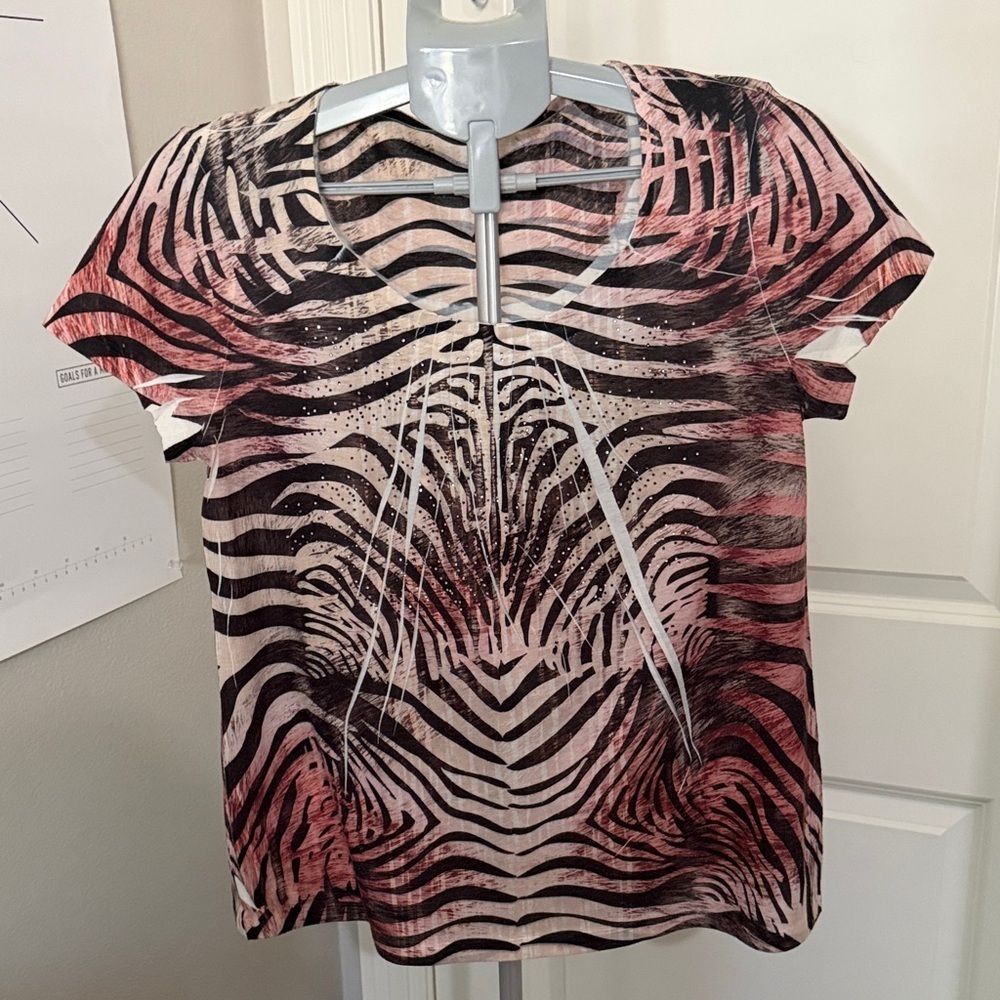 Chico's Black and Cream Zebra Rhinestone Striped Top